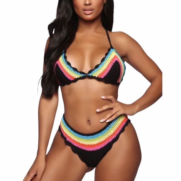 Fashion Nova Other - Crochet 2 Piece Sunsuit string bikini Rainbow Baby lingerie Black